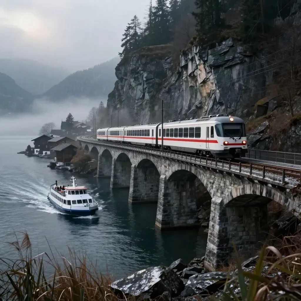 White Swiss train on a viaduct over a misty alpine lake at dawn.