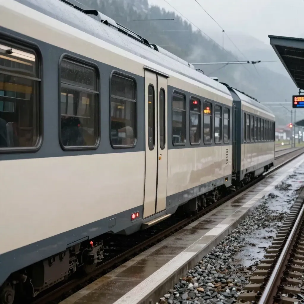 A Swiss regional train rolls from a wet platform with glowing signals and brake mist.