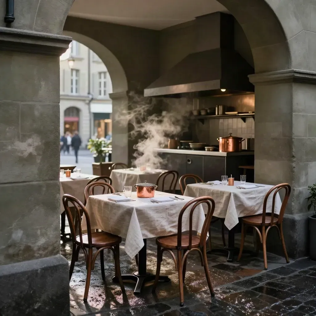 Bern old-town bistro terrace under stone arches, wet stone, steam, folded chairs, copper pot