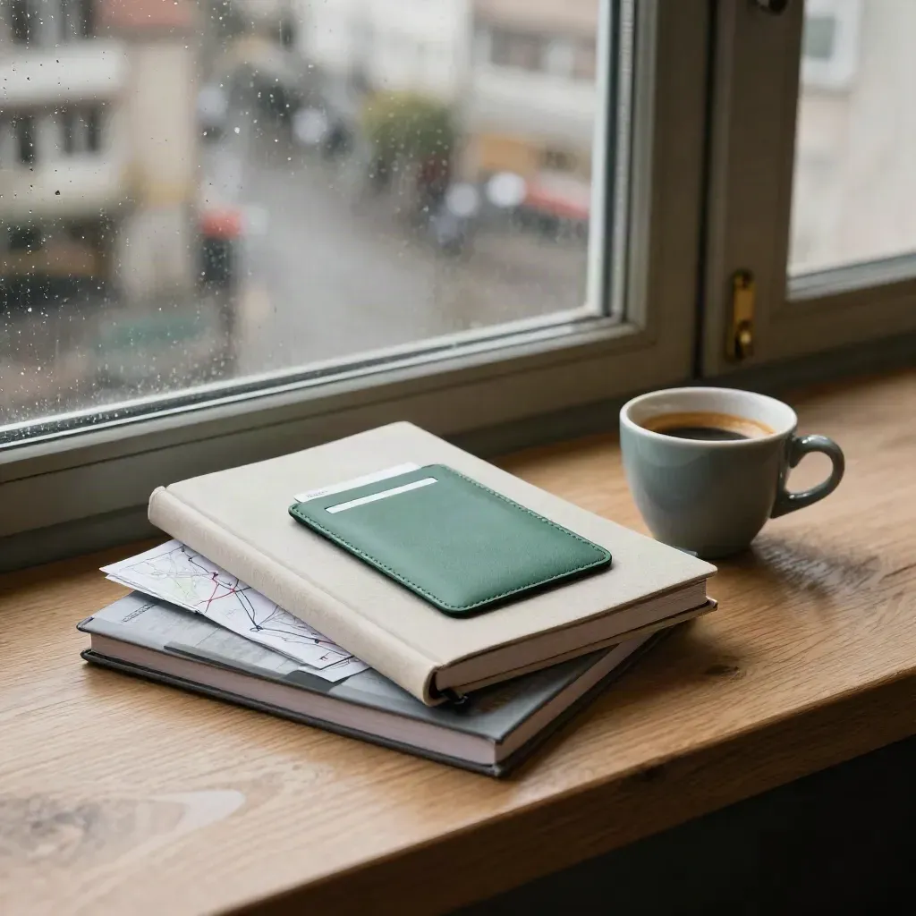 Guide notebooks, transit sleeve, folded map, and espresso cup on a rainy hotel window seat