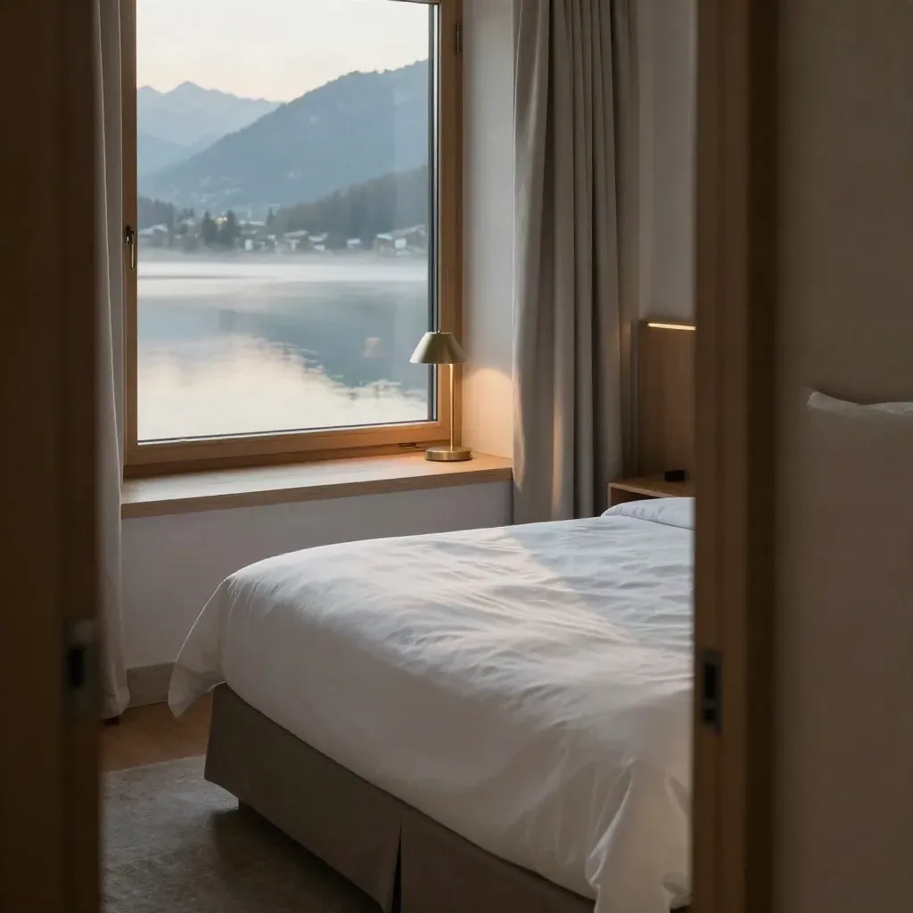 Lucerne boutique hotel room at dawn with half-drawn curtains and lake reflections.
