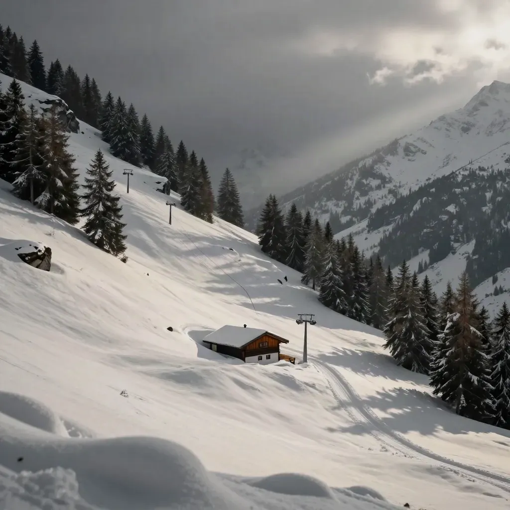 Snowy Swiss alpine valley road with chalet, cable car pylons, and steep forested slopes