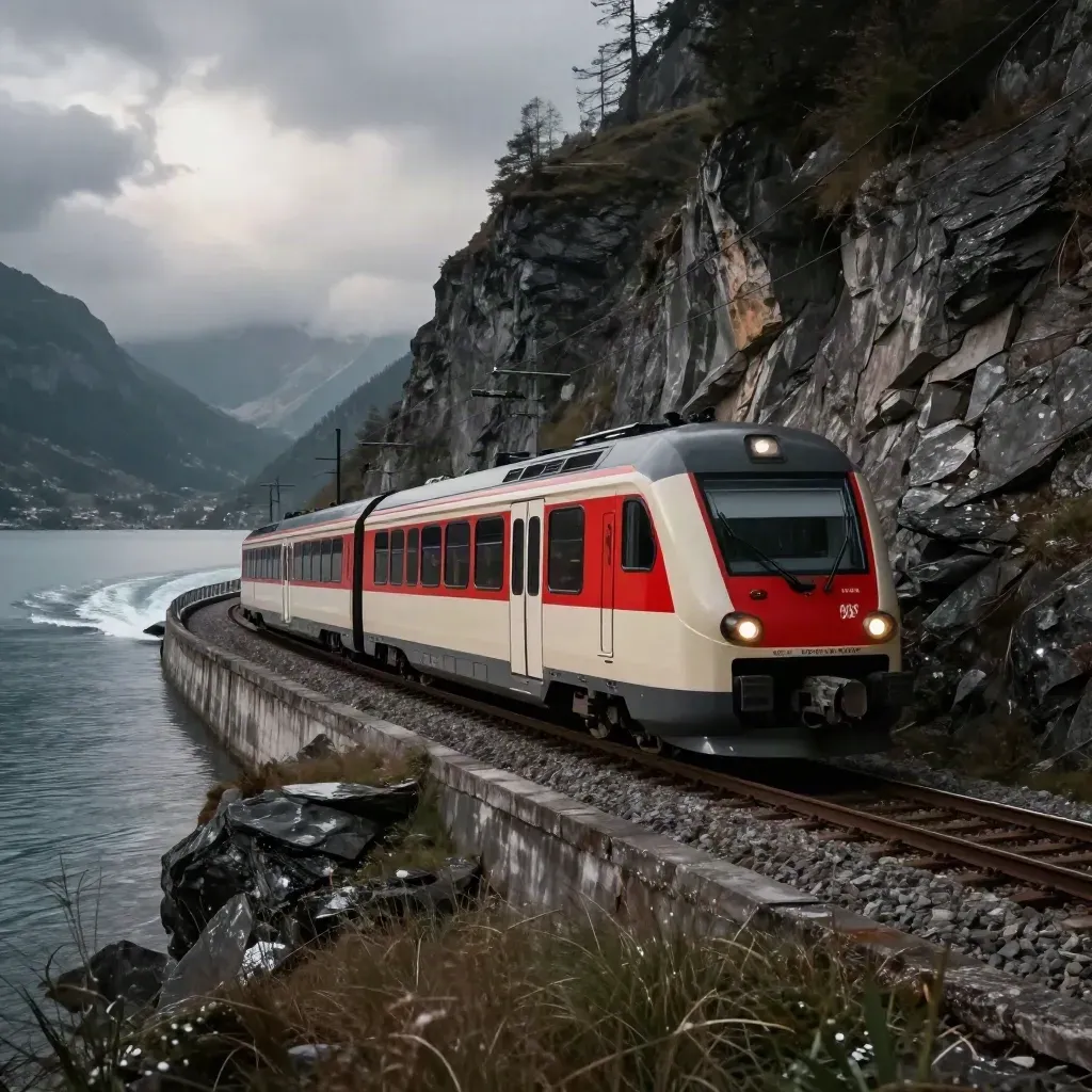 Curving Swiss intercity train beside a mountain lake, with ferry wake and misty cliffs.