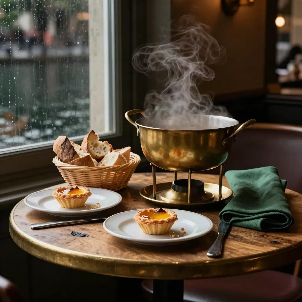 Fondue pot, bread, and pastries steaming on a Geneva brasserie table by a dark window