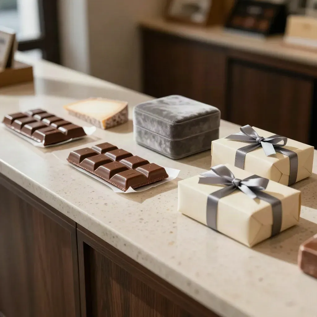 Swiss gift guide counter with chocolate, cheese, a watch box and gift box in window light