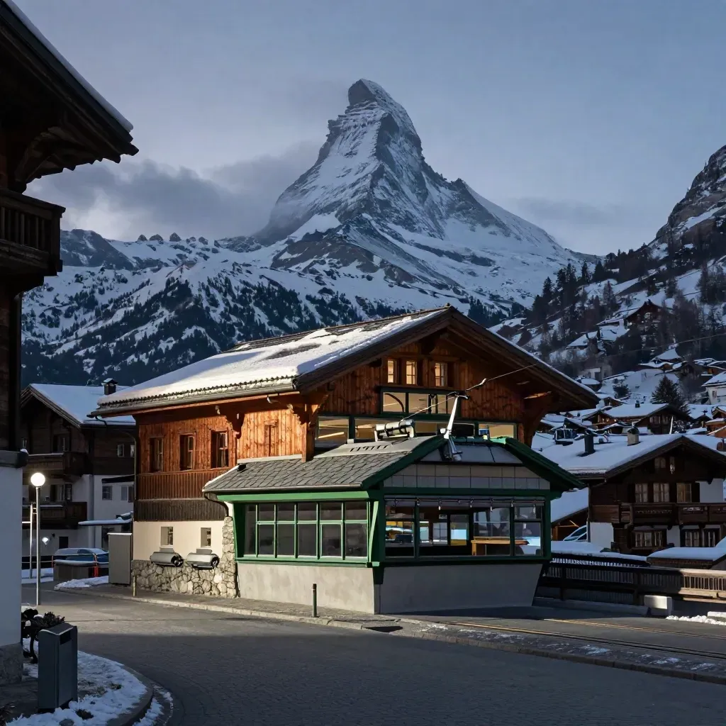 Blue-hour Matterhorn cable-car terminal with chalet roofs and pine green trim beneath snowy peak.