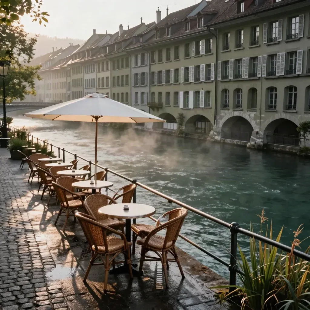 Morning mist over Bern’s Aare bend, arcades and a café terrace by the river.