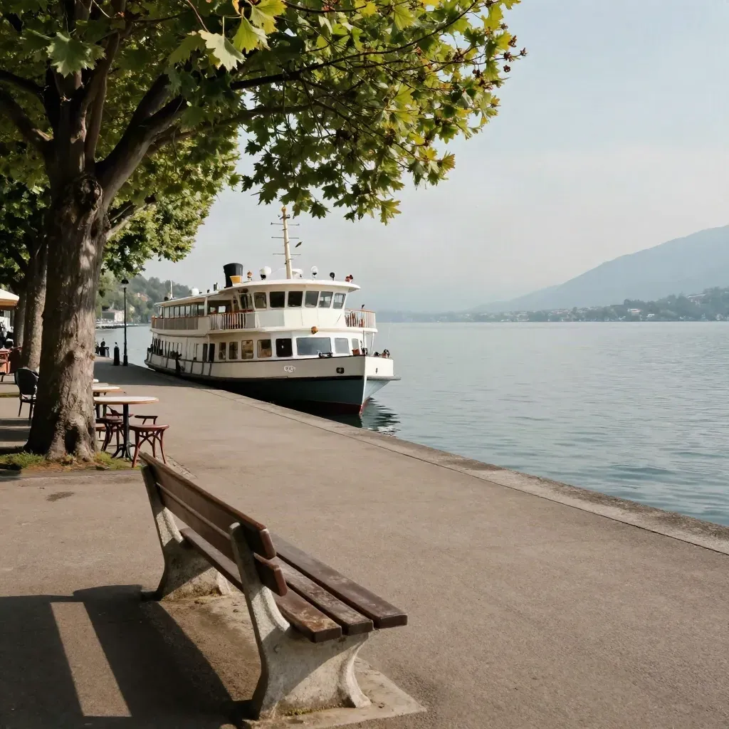 Lake Geneva promenade with moored ferry, bench, terrace trees, and still water at lunch