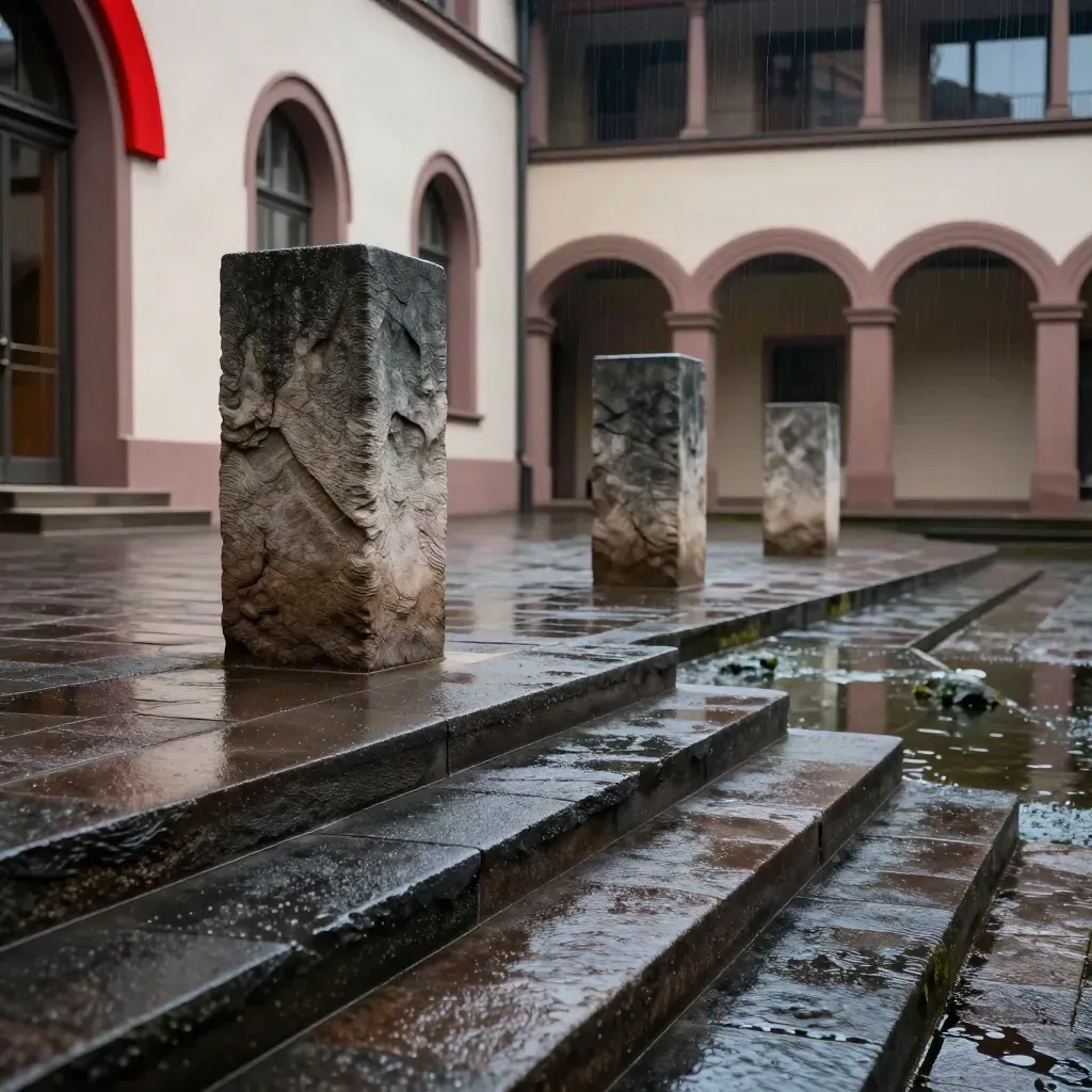 Basel museum courtyard with stone sculptures, rain-dark paving, and river reflections