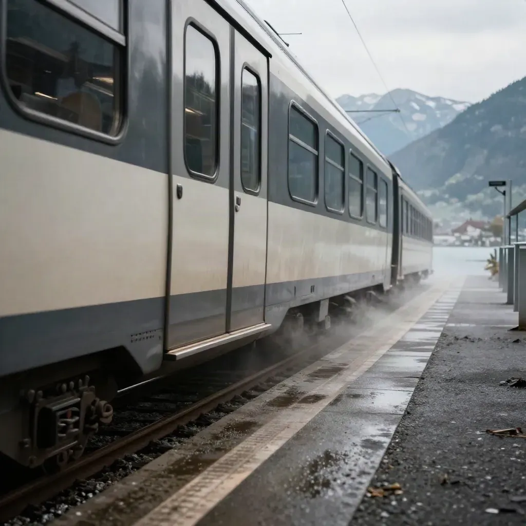 Departing train at Lucerne lakeside platform with mist and mountains