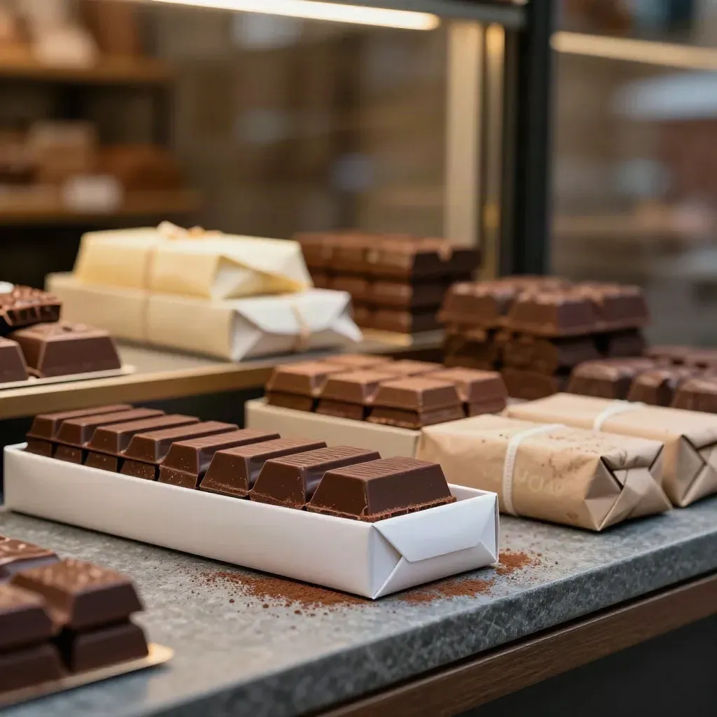 Chocolate shop window with stacked bars, ribboned boxes, and cocoa dust on slate.
