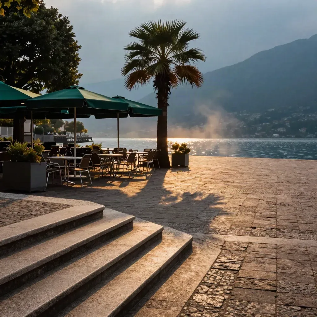 Ticino lakeside piazza with pine-green café terrace, palm silhouettes, and evening light over the lake.
