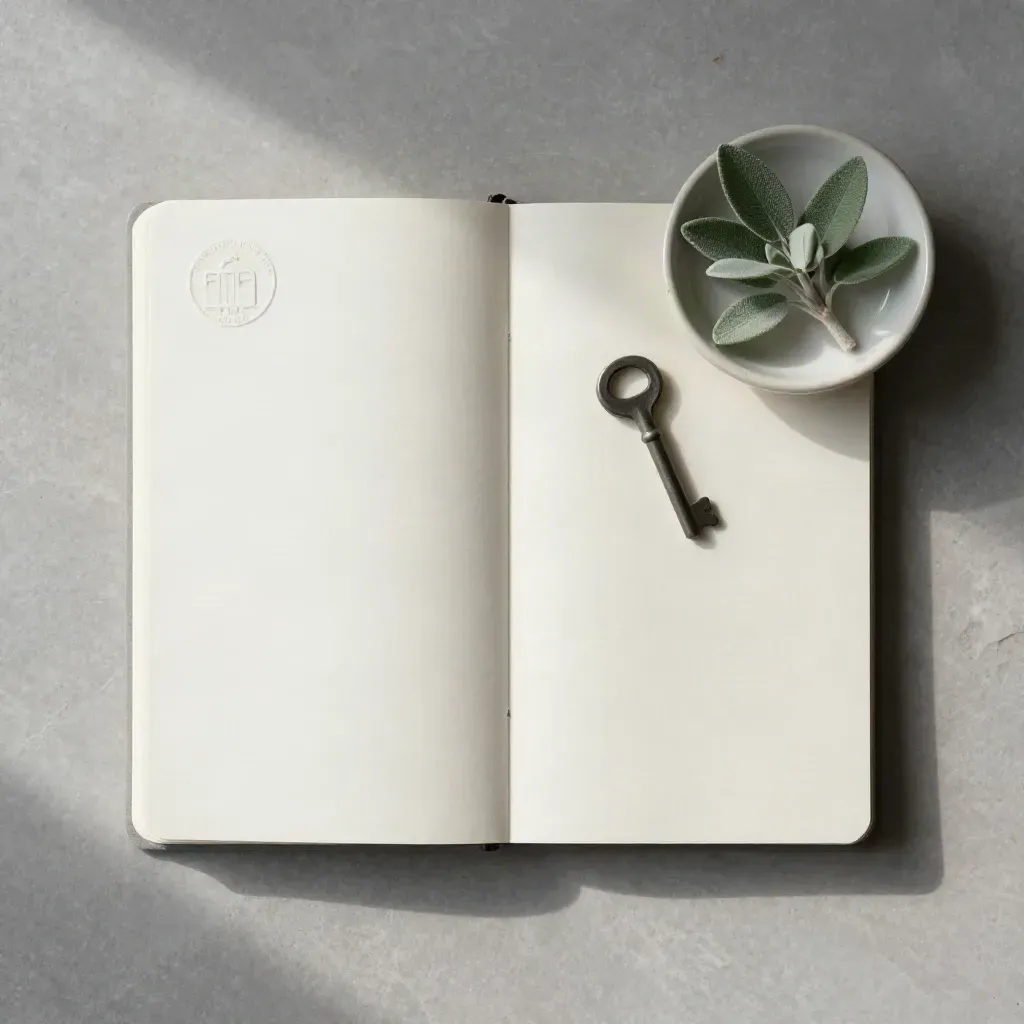 Top-down city guide notebook with tram token, alpine plant, and ceramic dish on stone.