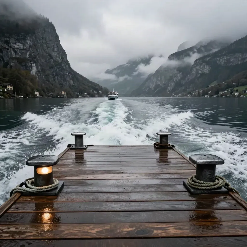 Low boat pier at Interlaken with a tour boat wake and misty mountain lake basin.
