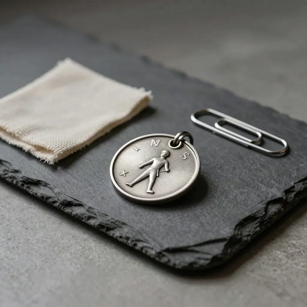Brushed rail token, folded linen square, and paper clip on a slate stone tray, softly lit.