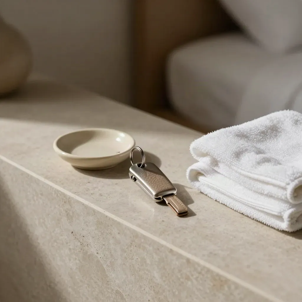 Hotel key fob beside folded towel and soap dish on a stone ledge in soft room light.