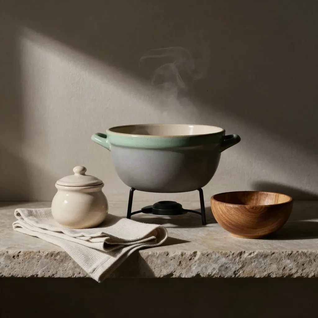 Fondue caquelon with mustard pot, linen napkin, and walnut bowl on a stone shelf